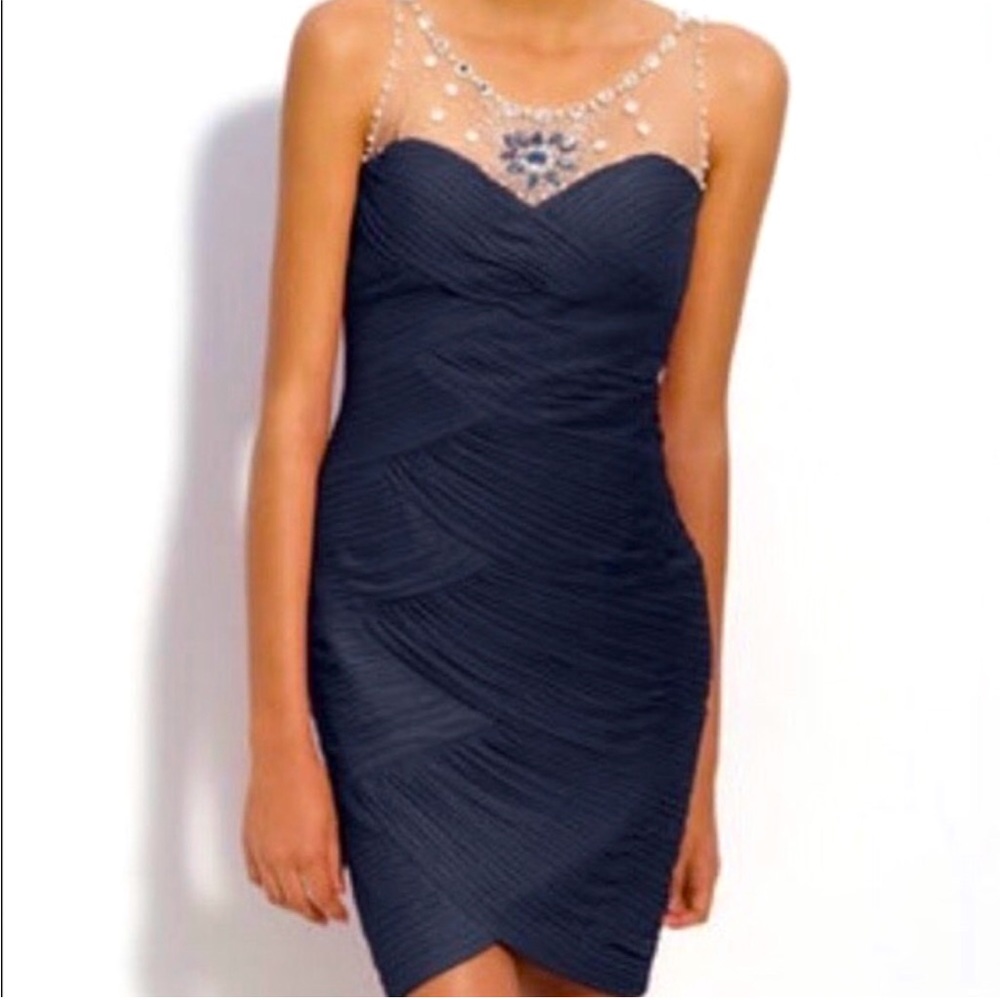 Adrianna Papell Ruched Navy Embellished Mesh Cocktail Dress